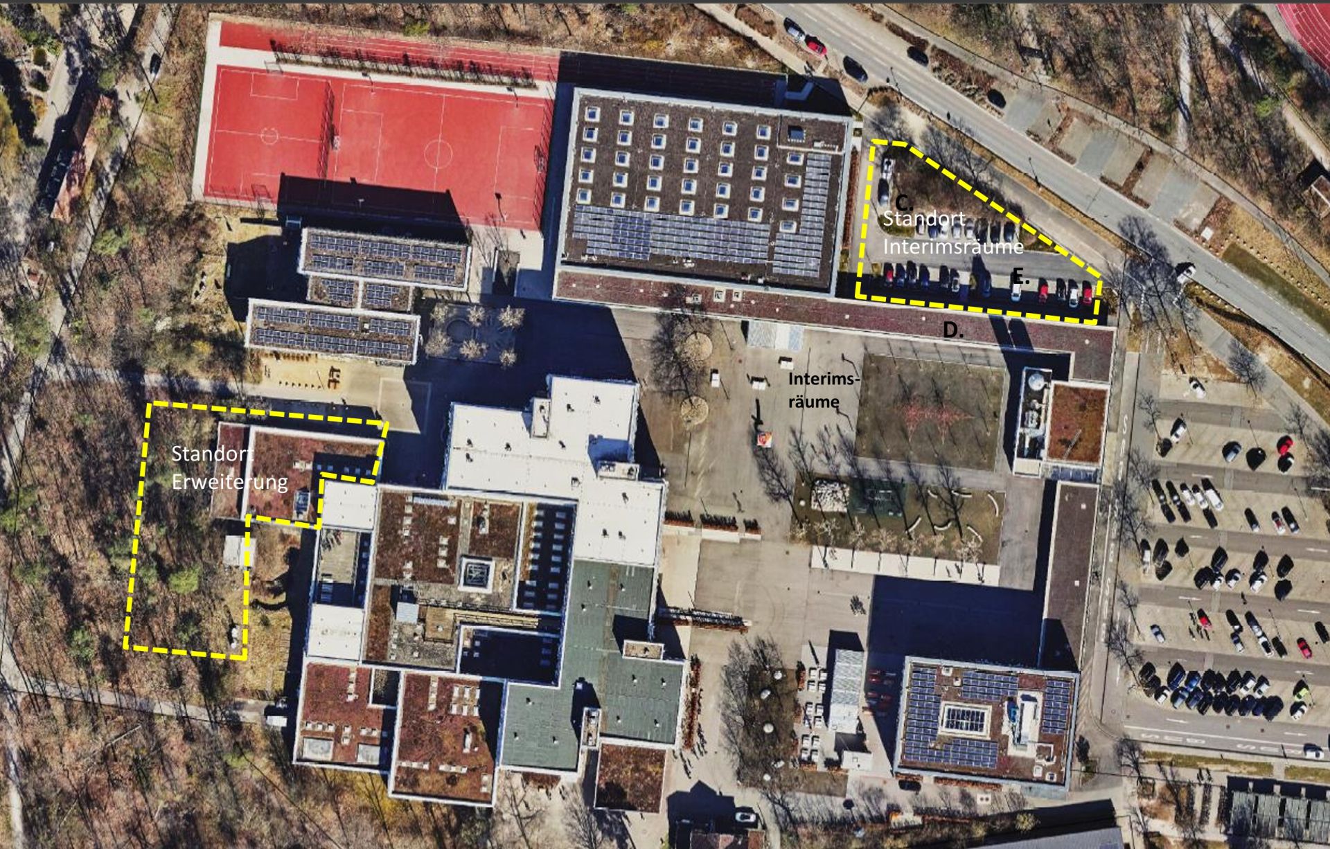 Bild aus Gemeinderatsvorlage mit eingezeichneten Planflächen