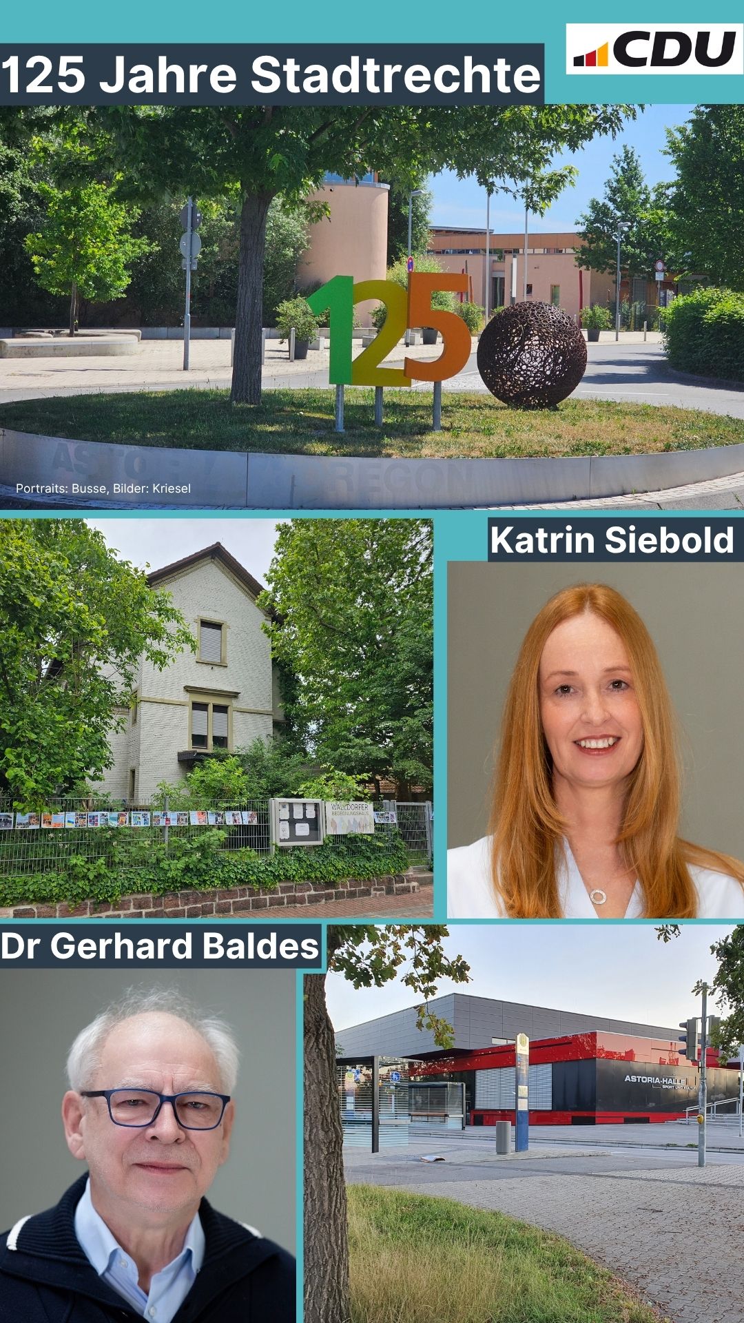 Collage mit Portrait von Katrin Siebold und Gerhard Baldes sowie Motivbildern