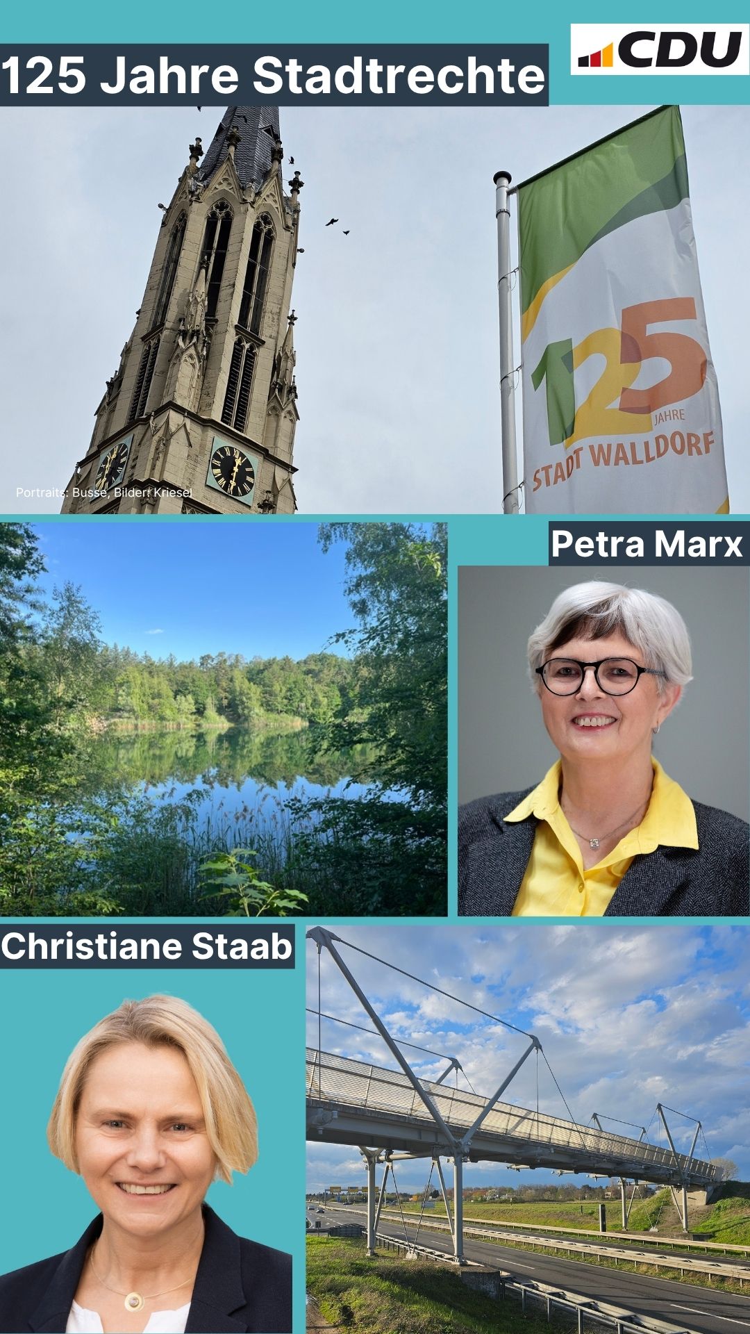 Collage mit Portraits von Petra Marx und Christiane Staab sowie Motivbildern