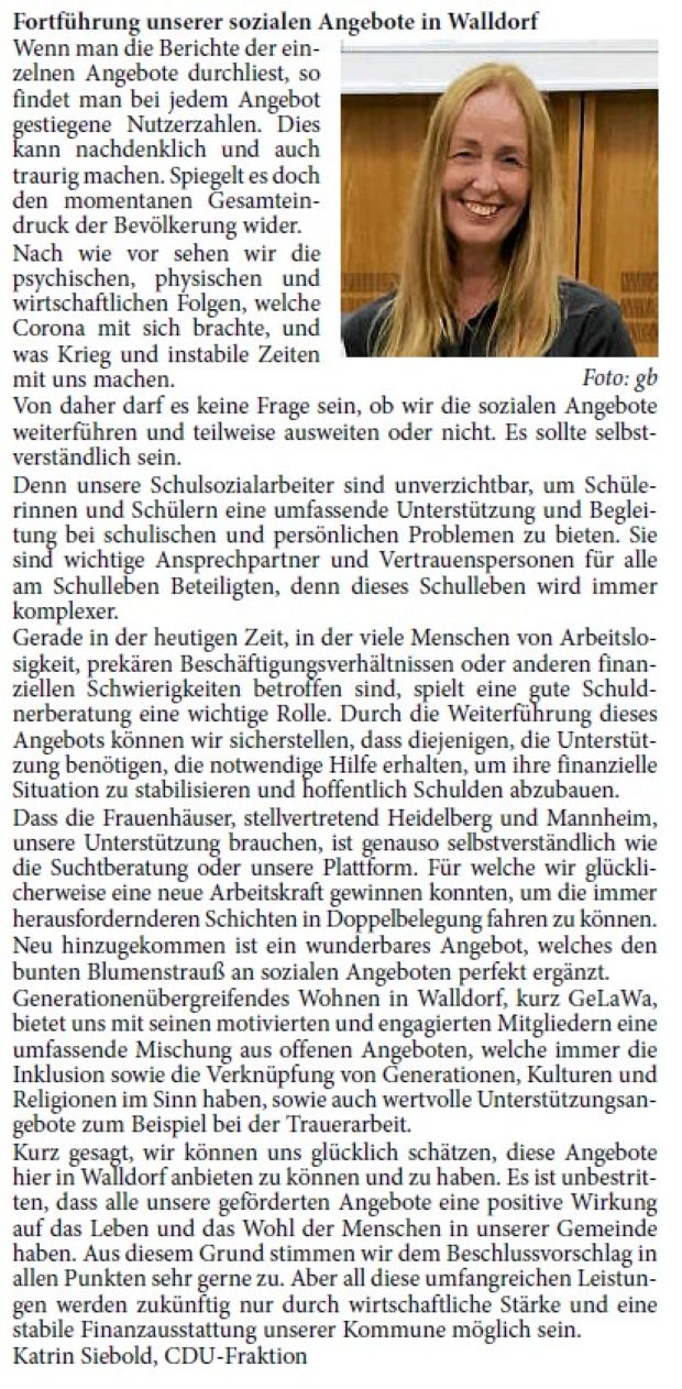Fortführung unserer sozialen Angebote in Walldorf Wenn man die Berichte der einzelnen Angebote durchliest, so findet man bei jedem Angebot gestiegene Nutzerzahlen. Dies kann nachdenklich und auch traurig machen. Spiegelt es doch den momentanen Gesamteindruck der Bevölkerung wider. Nach wie vor sehen wir die psychischen, physischen und wirtschaftlichen Folgen, welche Corona mit sich brachte, und was Krieg und instabile Zeiten mit uns machen.