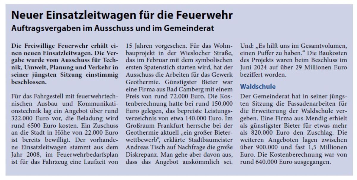 Neuer Einsatzleitwagen für die Feuerwehr Auftragsvergaben im Ausschuss und im Gemeinderat Die Freiwillige Feuerwehr erhält einen neuen Einsatzleitwagen. Die Vergabe wurde vom Ausschuss für Technik, Umwelt, Planung und Verkehr in seiner jüngsten Sitzung einstimmig beschlossen