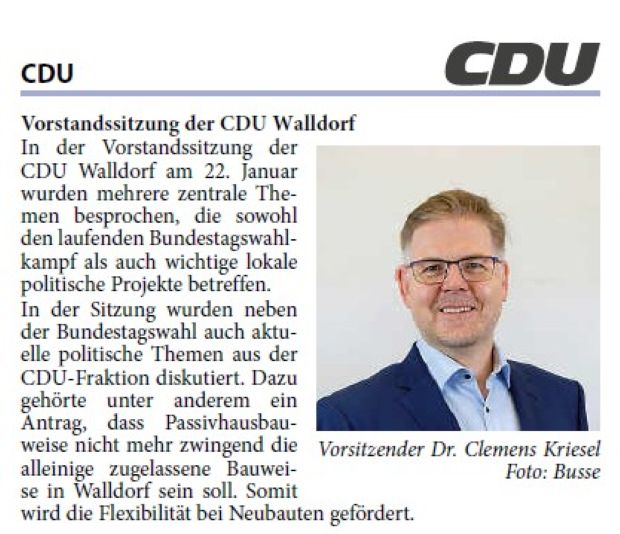 In der Vorstandssitzung der CDU Walldorf am 22. Januar wurden mehrere zentrale Themen besprochen, die sowohl den laufenden Bundestagswahlkampf als auch wichtige lokale politische Projekte betreffen. In der Sitzung wurden neben der Bundestagswahl auch aktuelle politische Themen aus der CDU-Fraktion diskutiert. Dazu gehörte unter anderem ein Antrag, dass Passivhausbauweise nicht mehr zwingend die alleinige zugelassene Bauweise in Walldorf sein soll.