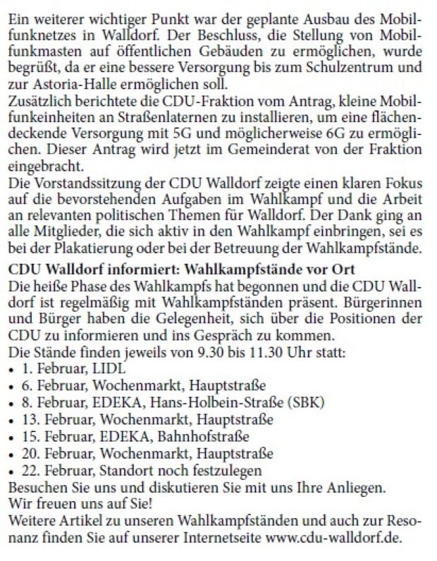 In der Vorstandssitzung der CDU Walldorf am 22. Januar wurden mehrere zentrale Themen besprochen, die sowohl den laufenden Bundestagswahlkampf als auch wichtige lokale politische Projekte betreffen. In der Sitzung wurden neben der Bundestagswahl auch aktuelle politische Themen aus der CDU-Fraktion diskutiert. Dazu gehörte unter anderem ein Antrag, dass Passivhausbauweise nicht mehr zwingend die alleinige zugelassene Bauweise in Walldorf sein soll.