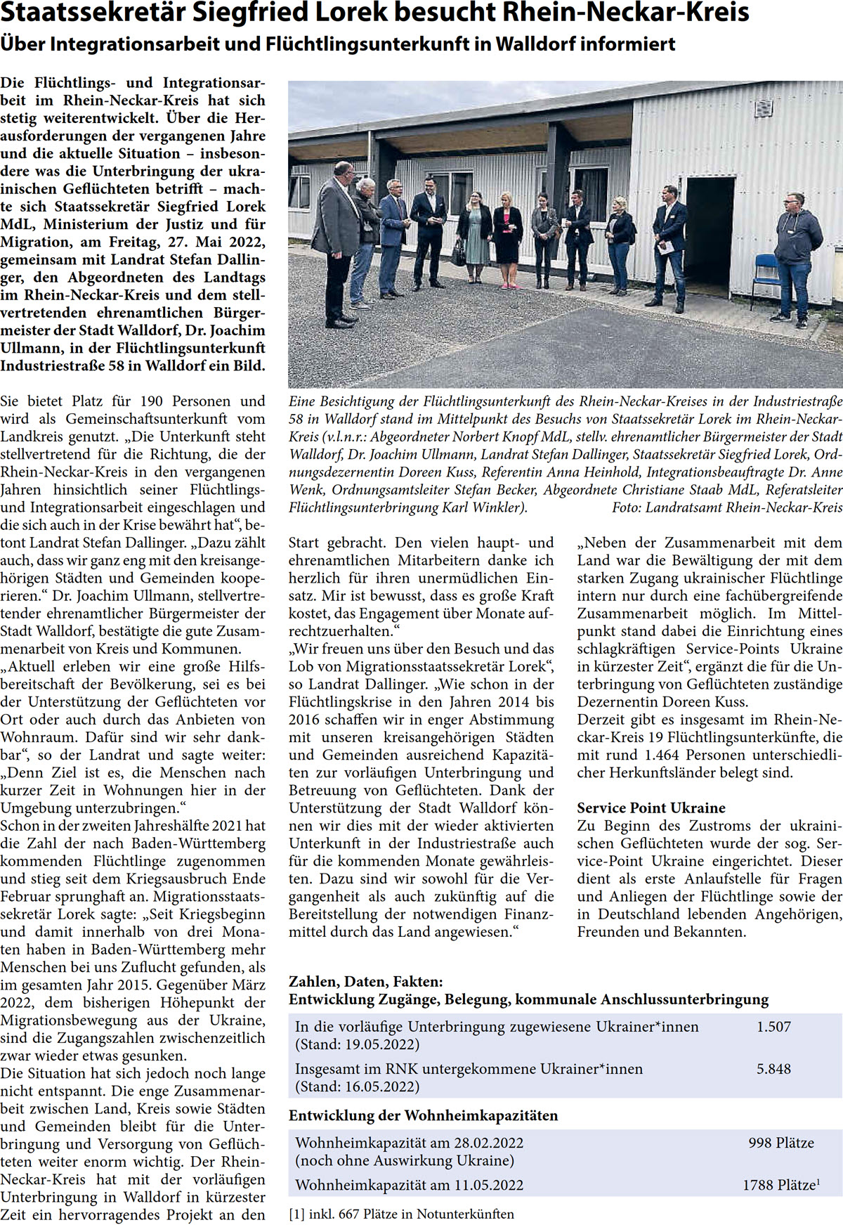 Die FlÃ¼chtlings- und Integrationsar- beit im Rhein-Neckar-Kreis hat sich  stetig weiterentwickelt. Ãœber die Her- ausforderungen der vergangenen Jahre  und die aktuelle Situation â€“ insbeson- dere was die Unterbringung der ukra- inischen GeflÃ¼chteten betrifft â€“ mach- te sich StaatssekretÃ¤r Siegfried Lorek  MdL, Ministerium der Justiz und fÃ¼r  Migration, am Freitag, 27. Mai 2022,  gemeinsam mit Landrat Stefan Dallin- ger, den Abgeordneten des Landtags  im Rhein-Neckar-Kreis und dem stell- vertretenden ehrenamtlichen BÃ¼rger- meister der Stadt Walldorf, Dr. Joachim  Ullmann, in der FlÃ¼chtlingsunterkunft  IndustriestraÃŸe 58 in Walldorf ein Bild.  Sie bietet Platz fÃ¼r 190 Personen und  wird als Gemeinschaftsunterkunft vom  Landkreis genutzt. â€žDie Unterkunft steht  stellvertretend fÃ¼r die Richtung, die der  Rhein-Neckar-Kreis in den vergangenen  Jahren hinsichtlich seiner FlÃ¼chtlings-  und Integrationsarbeit eingeschlagen und  die sich auch in der Krise bewÃ¤hrt hatâ€œ, be- tont Landrat Stefan Dallinger. â€žDazu zÃ¤hlt  auch, dass wir ganz eng mit den kreisange- hÃ¶rigen StÃ¤dten und Gemeinden koope- rieren.â€œ Dr. Joachim Ullmann, stellvertre- tender ehrenamtlicher BÃ¼rgermeister der  Stadt Walldorf, bestÃ¤tigte die gute Zusam- menarbeit von Kreis und Kommunen. â€žAktuell erleben wir eine groÃŸe Hilfs- bereitschaft der BevÃ¶lkerung, sei es bei  der UnterstÃ¼tzung der GeflÃ¼chteten vor  Ort oder auch durch das Anbieten von  Wohnraum. DafÃ¼r sind wir sehr dank- barâ€œ, so der Landrat und sagte weiter:  â€žDenn Ziel ist es, die Menschen nach  kurzer Zeit in Wohnungen hier in der  Umgebung unterzubringen.â€œ Schon in der zweiten JahreshÃ¤lfte 2021 hat  die Zahl der nach Baden-WÃ¼rttemberg  kommenden FlÃ¼chtlinge zugenommen  und stieg seit dem Kriegsausbruch Ende  Februar sprunghaft an. Migrationsstaats- sekretÃ¤r Lorek sagte: â€žSeit Kriegsbeginn  und damit innerhalb von drei Mona- ten haben in Baden-WÃ¼rttemberg mehr  Menschen bei uns Zuflucht gefunden, als  im gesamten Jahr 2015. GegenÃ¼ber MÃ¤rz  2022, dem bisherigen HÃ¶hepunkt der  Migrationsbewegung aus der Ukraine,  sind die Zugangszahlen zwischenzeitlich  zwar wieder etwas gesunken.  Die Situation hat sich jedoch noch lange  nicht entspannt. Die enge Zusammenar- beit zwischen Land, Kreis sowie StÃ¤dten  und Gemeinden bleibt fÃ¼r die Unter- bringung und Versorgung von GeflÃ¼ch- teten weiter enorm wichtig. Der Rhein- Neckar-Kreis hat mit der vorlÃ¤ufigen  Unterbringung in Walldorf in kÃ¼rzester  Zeit ein hervorragendes Projekt an den   Start gebracht. Den vielen haupt- und  ehrenamtlichen Mitarbeitern danke ich  herzlich fÃ¼r ihren unermÃ¼dlichen Ein- satz. Mir ist bewusst, dass es groÃŸe Kraft  kostet, das Engagement Ã¼ber Monate auf- rechtzuerhalten.â€œ â€žWir freuen uns Ã¼ber den Besuch und das  Lob von MigrationsstaatssekretÃ¤r Lorekâ€œ,  so Landrat Dallinger. â€žWie schon in der  FlÃ¼chtlingskrise in den Jahren 2014 bis  2016 schaffen wir in enger Abstimmung  mit unseren kreisangehÃ¶rigen StÃ¤dten  und Gemeinden ausreichend KapazitÃ¤- ten zur vorlÃ¤ufigen Unterbringung und  Betreuung von GeflÃ¼chteten. Dank der  UnterstÃ¼tzung der Stadt Walldorf kÃ¶n- nen wir dies mit der wieder aktivierten  Unterkunft in der IndustriestraÃŸe auch  fÃ¼r die kommenden Monate gewÃ¤hrleis- ten. Dazu sind wir sowohl fÃ¼r die Ver- gangenheit als auch zukÃ¼nftig auf die  Bereitstellung der notwendigen Finanz- mittel durch das Land angewiesen.â€œ  â€žNeben der Zusammenarbeit mit dem  Land war die BewÃ¤ltigung der mit dem  starken Zugang ukrainischer FlÃ¼chtlinge  intern nur durch eine fachÃ¼bergreifende  Zusammenarbeit mÃ¶glich. Im Mittel- punkt stand dabei die Einrichtung eines  schlagkrÃ¤ftigen Service-Points Ukraine  in kÃ¼rzester Zeitâ€œ, ergÃ¤nzt die fÃ¼r die Un- terbringung von GeflÃ¼chteten zustÃ¤ndige  Dezernentin Doreen Kuss. Derzeit gibt es insgesamt im Rhein-Ne- ckar-Kreis 19 FlÃ¼chtlingsunterkÃ¼nfte, die  mit rund 1.464 Personen unterschiedli- cher HerkunftslÃ¤nder belegt sind. Service Point Ukraine Zu Beginn des Zustroms der ukraini- schen GeflÃ¼chteten wurde der sog. Ser- vice-Point Ukraine eingerichtet. Dieser  dient als erste Anlaufstelle fÃ¼r Fragen  und Anliegen der FlÃ¼chtlinge sowie der  in Deutschland lebenden AngehÃ¶rigen,  Freunden und Bekannten.  Eine Besichtigung der FlÃ¼chtlingsunterkunft des Rhein-Neckar-Kreises in der IndustriestraÃŸe  58 in Walldorf stand im Mittelpunkt des Besuchs von StaatssekretÃ¤r Lorek im Rhein-Neckar- Kreis (v.l.n.r.: Abgeordneter Norbert Knopf MdL, stellv. ehrenamtlicher BÃ¼rgermeister der Stadt  Walldorf, Dr. Joachim Ullmann, Landrat Stefan Dallinger, StaatssekretÃ¤r Siegfried Lorek, Ord- nungsdezernentin Doreen Kuss, Referentin Anna Heinhold, Integrationsbeauftragte Dr. Anne  Wenk, Ordnungsamtsleiter Stefan Becker, Abgeordnete Christiane Staab MdL, Referatsleiter  FlÃ¼chtlingsunterbringung Karl Winkler). Foto: Landratsamt Rhein-Neckar-Kreis  Zahlen, Daten, Fakten: Entwicklung ZugÃ¤nge, Belegung, kommunale Anschlussunterbringung  In die vorlÃ¤ufige Unterbringung zugewiesene Ukrainer*innen  (Stand: 19.05.2022)  1.507  Insgesamt im RNK untergekommene Ukrainer*innen  (Stand: 16.05.2022)  5.848  Entwicklung der WohnheimkapazitÃ¤ten WohnheimkapazitÃ¤t am 28.02.2022 (noch ohne Auswirkung Ukraine)  998 PlÃ¤tze WohnheimkapazitÃ¤t am 11.05.2022 1788 PlÃ¤tze1