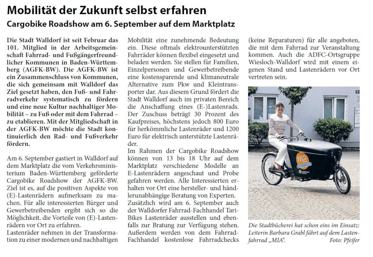 Aritkel Ã¼ber die MobilitÃ¤t der Zukunft, Cargobike Roadshow am 6.9.2022 auf dem Walldorfer Marktplatz.