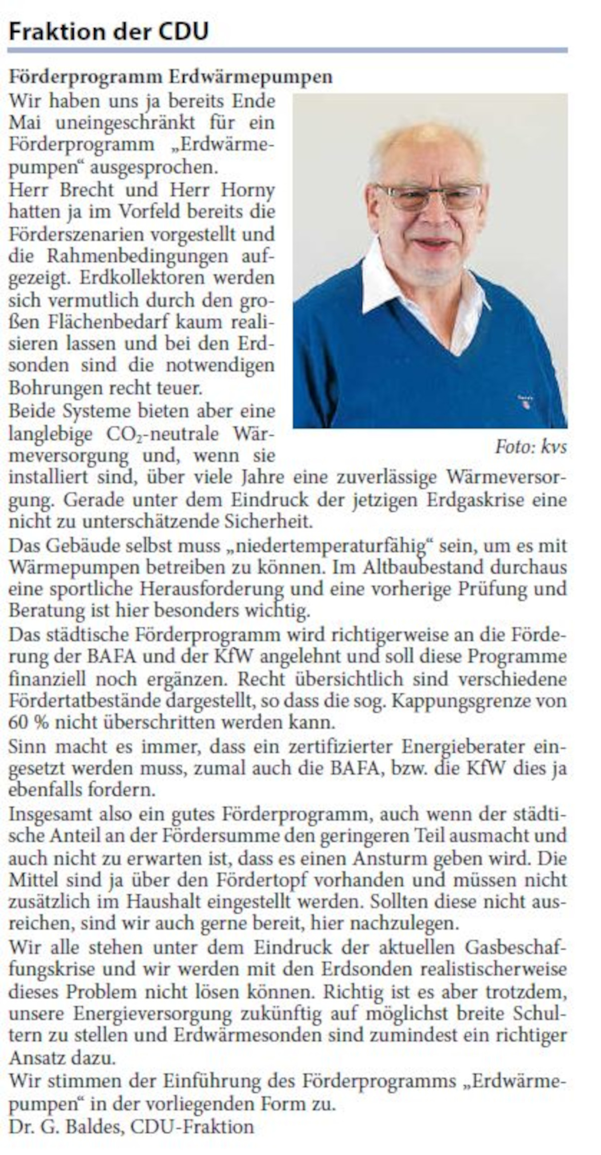 Beitrag von Dr. G. Baldes aus der CDU Fraktion zum Walldorfer Förderprogramm für Erdwärmepumpen