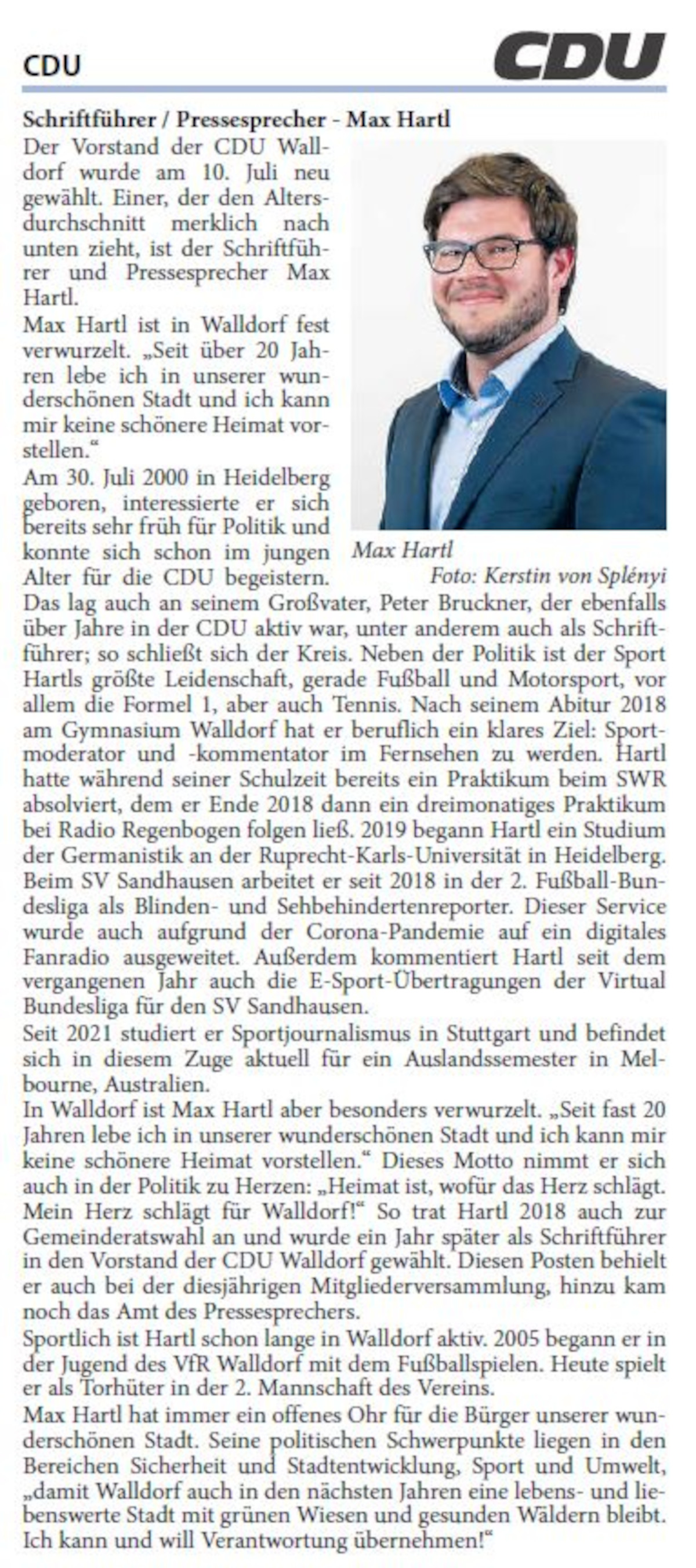 Vorstellung von Max Hartl als Schriftführer und Pressesprecher der CDU Walldorf 2022