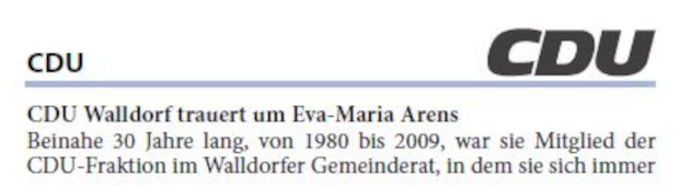 CDU Walldorf trauert um Eva-Maria Arens