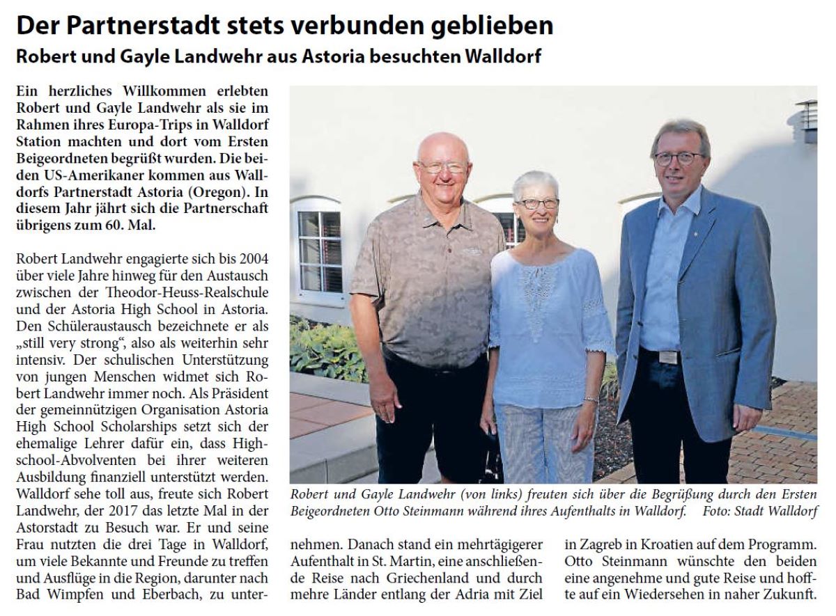 Der Partnerstadt stets verbunden geblieben Robert und Gayle Landwehr aus Astoria besuchten Walldorf Ein herzliches Willkommen erlebten Robert und Gayle Landwehr als sie im Rahmen ihres Europa-Trips in Walldorf Station machten und dort vom Ersten Beigeordneten begrüßt wurden. Die beiden US-Amerikaner kommen aus Walldorfs Partnerstadt Astoria (Oregon). In diesem Jahr jährt sich die Partnerschaft übrigens zum 60. Mal.