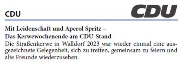 Mit Leidenschaft und Aperol Spritz – Das Kerwewochenende am CDU-Stand Die Straßenkerwe in Walldorf 2023 war wieder einmal eine ausgezeichnete Gelegenheit, sich zu treffen, gemeinsam zu feiern und alte Freunde wiederzusehen.
