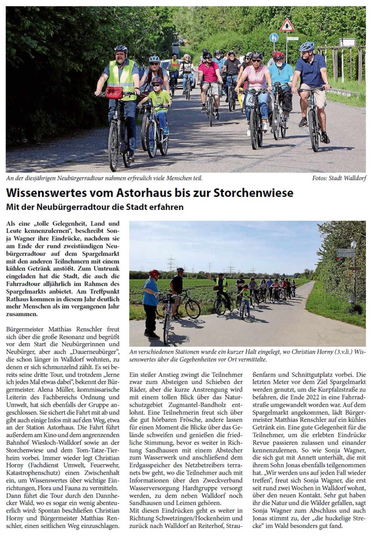 Wissenswertes vom Astorhaus bis zur Storchenwiese Mit der Neubürgerradtour die Stadt erfahren Als eine „tolle Gelegenheit, Land und Leute kennenzulernen“, beschreibt Sonja Wagner ihre Eindrücke, nachdem sie am Ende der rund zweistündigen Neubürgerradtour auf dem Spargelmarkt mit den anderen Teilnehmern mit einem kühlen Getränk anstößt. Zum Umtrunk eingeladen hat die Stadt, die auch die Fahrradtour alljährlich im Rahmen des Spargelmarkts anbietet. Am Treffpunkt Rathaus kommen in diesem Jahr deutlich mehr Menschen als im vergangenen Jahr zusammen.