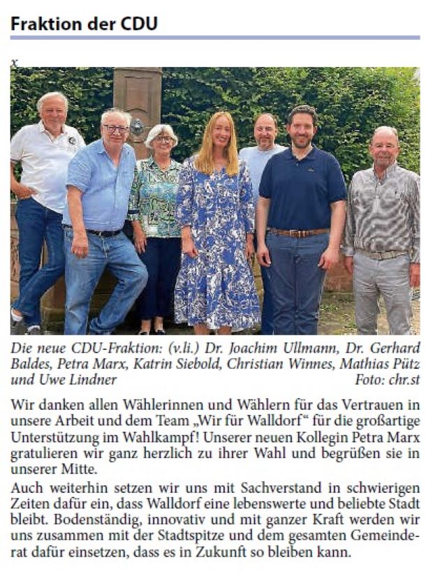 Wir danken allen Wählerinnen und Wählern für das Vertrauen in unsere Arbeit und dem Team „Wir für Walldorf “ für die großartige Unterstützung im Wahlkampf! Unserer neuen Kollegin Petra Marx gratulieren wir ganz herzlich zu ihrer Wahl und begrüßen sie in unserer Mitte.