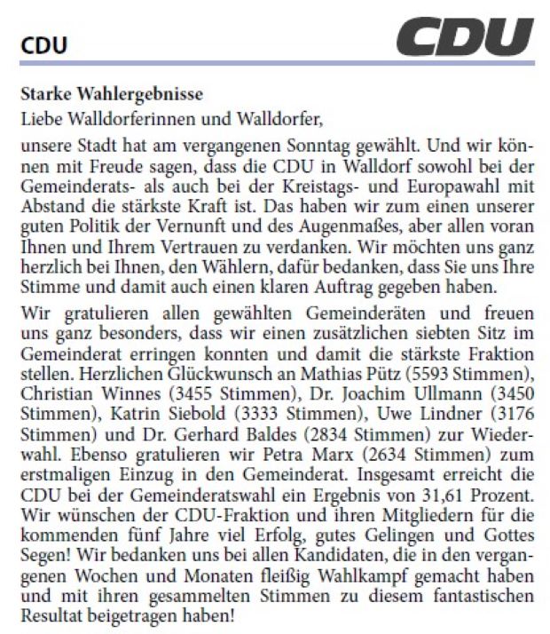 Liebe Walldorferinnen und Walldorfer, unsere Stadt hat am vergangenen Sonntag gewählt. Und wir können mit Freude sagen, dass die CDU in Walldorf sowohl bei der Gemeinderats- als auch bei der Kreistags- und Europawahl mit Abstand die stärkste Kraft ist. Das haben wir zum einen unserer guten Politik der Vernunft und des Augenmaßes, aber allen voran Ihnen und Ihrem Vertrauen zu verdanken. Wir möchten uns ganz herzlich bei Ihnen, den Wählern, dafür bedanken, dass Sie uns Ihre Stimme und damit auch einen klaren Auftrag gegeben haben.