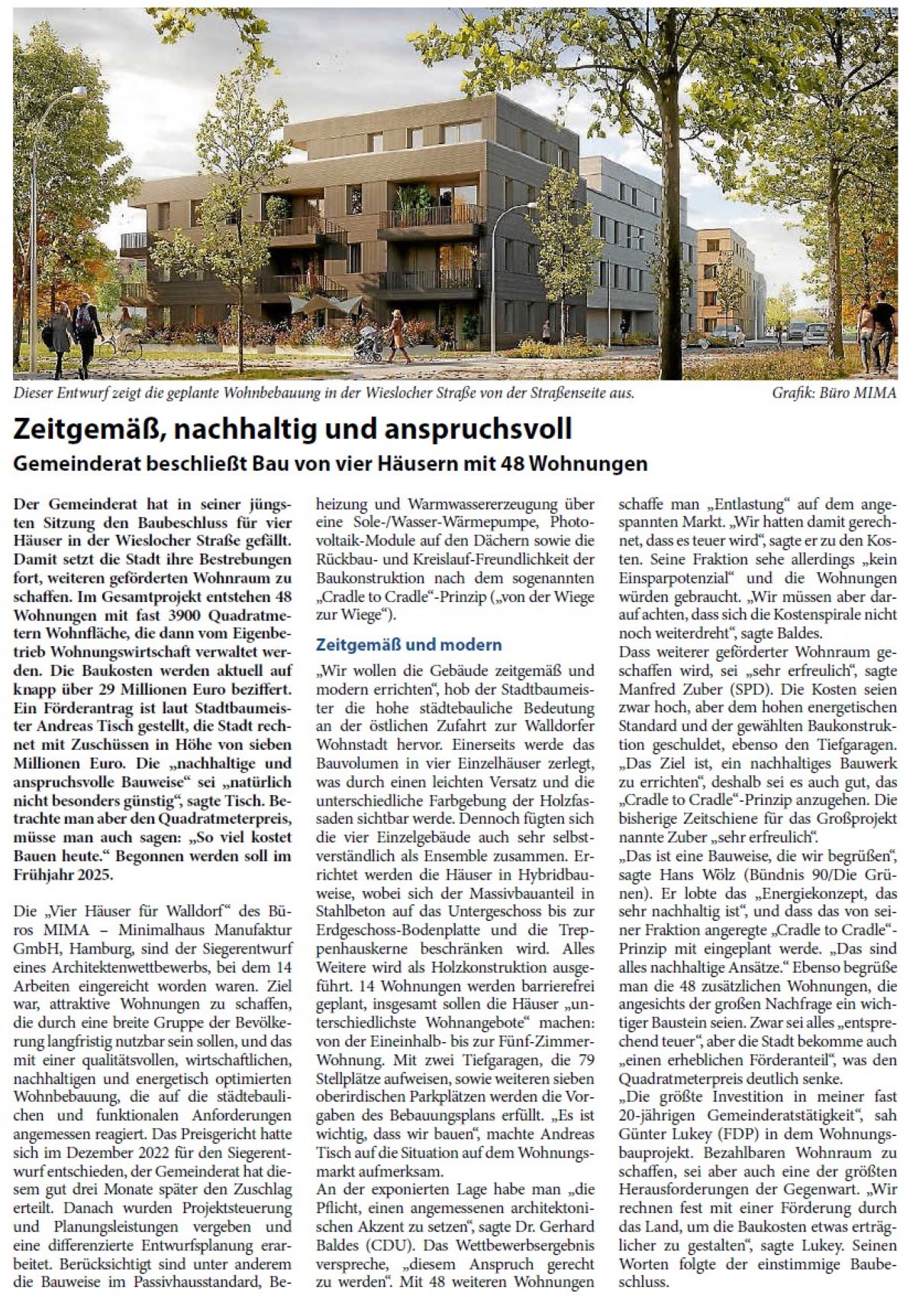 Zeitgemäß, nachhaltig und anspruchsvoll Gemeinderat beschließt Bau von vier Häusern mit 48 Wohnungen Der Gemeinderat hat in seiner jüngsten Sitzung den Baubeschluss für vier Häuser in der Wieslocher Straße gefällt. Damit setzt die Stadt ihre Bestrebungen fort, weiteren geförderten Wohnraum zu schaffen. Im Gesamtprojekt entstehen 48 Wohnungen mit fast 3900 Quadratmetern Wohnfläche, die dann vom Eigenbetrieb Wohnungswirtschaft verwaltet werden. Die Baukosten werden aktuell auf knapp über 29 Millionen Euro beziffert. Ein Förderantrag ist laut Stadtbaumeister Andreas Tisch gestellt, die Stadt rechnet mit Zuschüssen in Höhe von sieben Millionen Euro. Die „nachhaltige und anspruchsvolle Bauweise“ sei „natürlich nicht besonders günstig“, sagte Tisch. Betrachte man aber den Quadratmeterpreis, müsse man auch sagen: „So viel kostet Bauen heute.“ Begonnen werden soll im Frühjahr 2025.