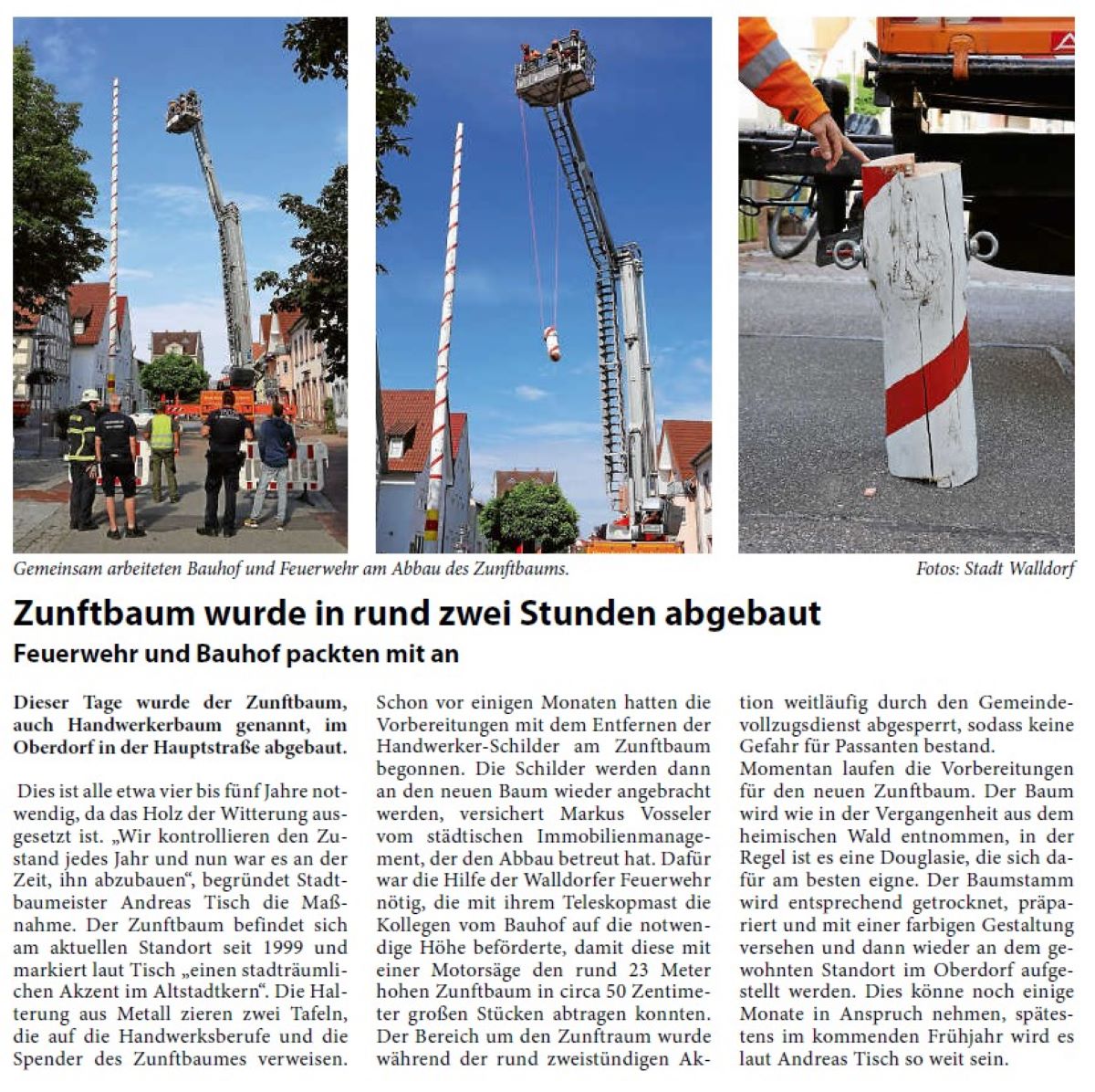 Zunftbaum wurde in rund zwei Stunden abgebaut Feuerwehr und Bauhof packten mit an Dieser Tage wurde der Zunftbaum, auch Handwerkerbaum genannt, im Oberdorf in der Hauptstraße abgebaut