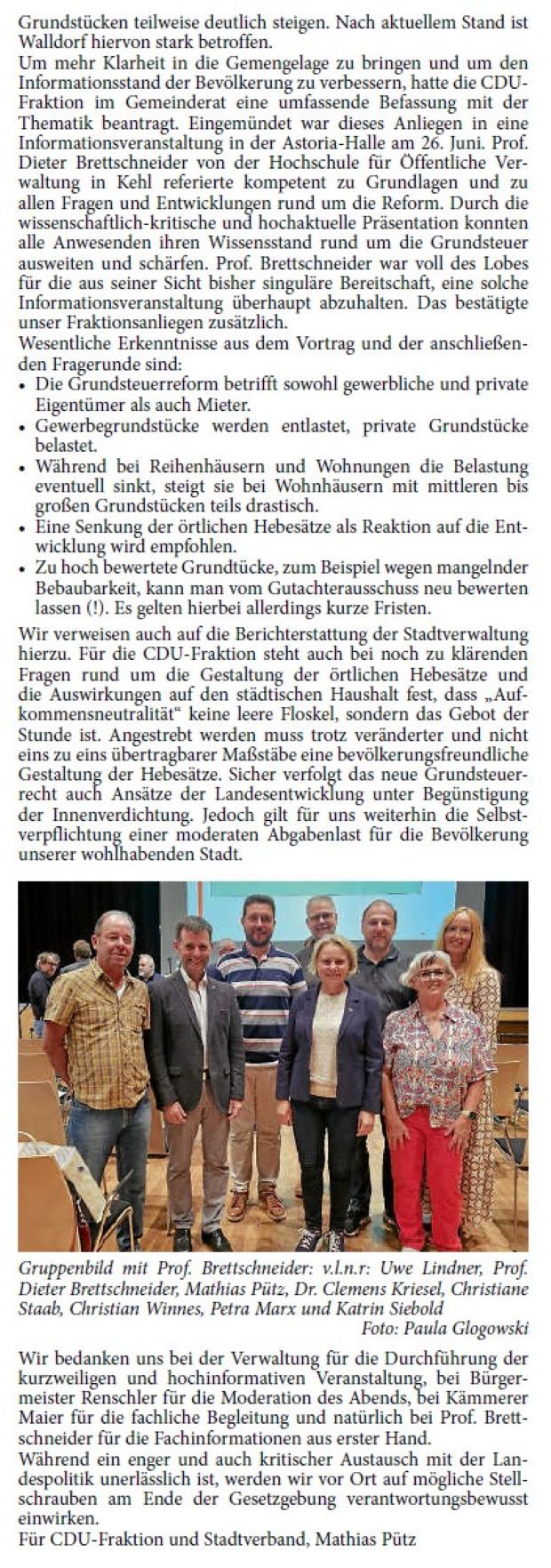 Informationsveranstaltung zur Grundsteuerreform Die Reform des Grundsteuerwesens in Deutschland, insbesondere die baden-württembergische Variante, bewegt die Gemüter. Ausgehend von einer nicht unumstrittenen und bereits mehrfach gerichtlich überprüften landesrechtlichen Gesetzgebung werden bald die entsprechenden Bescheide von den Kommunen verschickt werden.
