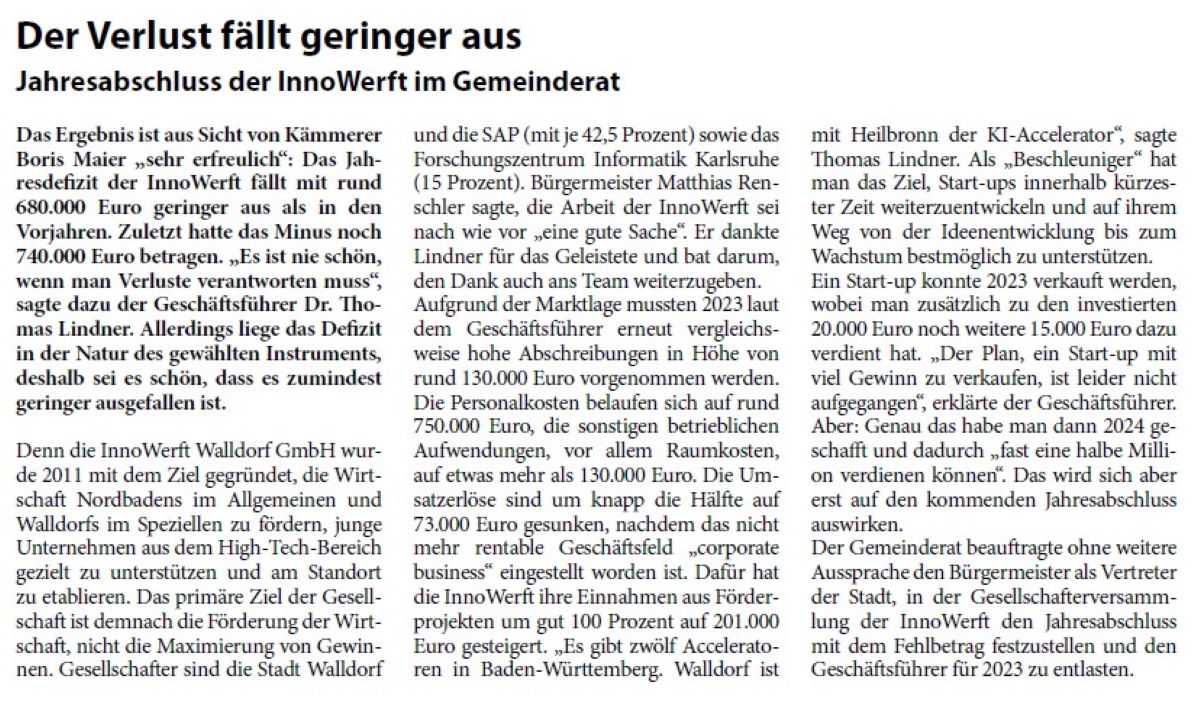Der Verlust fällt geringer aus Jahresabschluss der InnoWerft im Gemeinderat Das Ergebnis ist aus Sicht von Kämmerer Boris Maier „sehr erfreulich“: Das Jahresdefizit der InnoWerft fällt mit rund 680.000 Euro geringer aus als in den Vorjahren. Zuletzt hatte das Minus noch 740.000 Euro betragen. „Es ist nie schön, wenn man Verluste verantworten muss“, sagte dazu der Geschäftsführer Dr. Thomas Lindner. Allerdings liege das Defizit in der Natur des gewählten Instruments, deshalb sei es schön, dass es zumindest geringer ausgefallen ist.