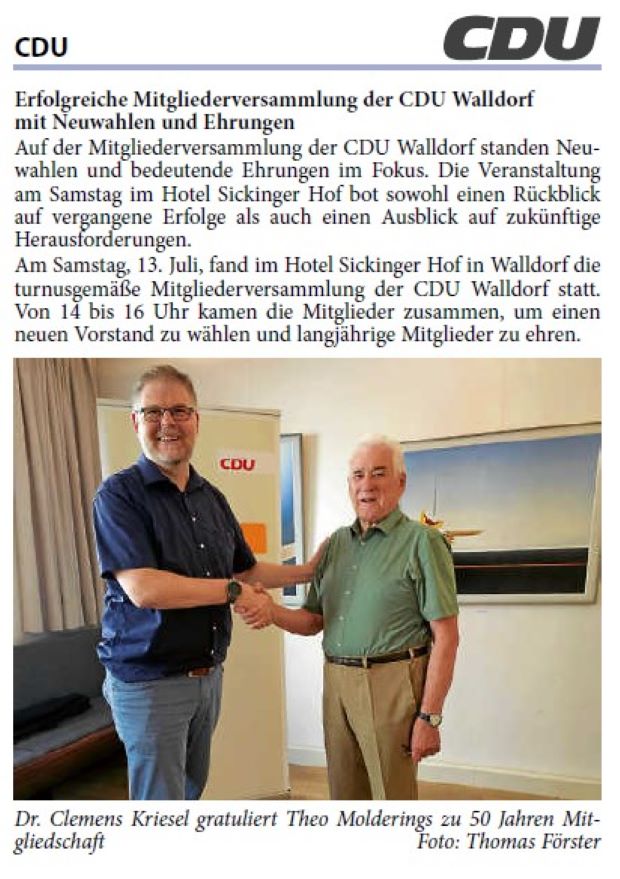 Erfolgreiche Mitgliederversammlung der CDU Walldorf mit Neuwahlen und Ehrungen Auf der Mitgliederversammlung der CDU Walldorf standen Neuwahlen und bedeutende Ehrungen im Fokus. Die Veranstaltung am Samstag im Hotel Sickinger Hof bot sowohl einen Rückblick auf vergangene Erfolge als auch einen Ausblick auf zukünftige Herausforderungen.
