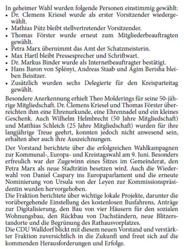 Erfolgreiche Mitgliederversammlung der CDU Walldorf mit Neuwahlen und Ehrungen Auf der Mitgliederversammlung der CDU Walldorf standen Neuwahlen und bedeutende Ehrungen im Fokus. Die Veranstaltung am Samstag im Hotel Sickinger Hof bot sowohl einen Rückblick auf vergangene Erfolge als auch einen Ausblick auf zukünftige Herausforderungen.