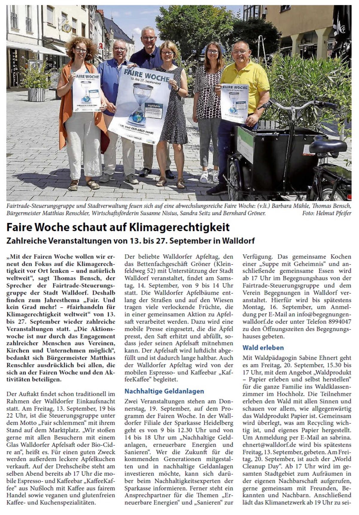 Mit der Fairen Woche wollen wir erneut den Fokus auf die Klimagerechtigkeit vor Ort lenken – und natürlich weltweit“, sagt Thomas Bensch, der Sprecher der Fairtrade-Steuerungsgruppe der Stadt Walldorf. Deshalb finden zum Jahresthema „Fair. Und kein Grad mehr! – #fairhandeln für Klimagerechtigkeit weltweit“ von 13. bis 27. September wieder zahlreiche Veranstaltungen statt. „Die Aktionswoche ist nur durch das Engagement zahlreicher Menschen aus Vereinen, Kirchen und Unternehmen möglich“, bedankt sich Bürgermeister Matthias Renschler ausdrücklich bei allen, die sich an der Fairen Woche und den Aktivitäten beteiligen.