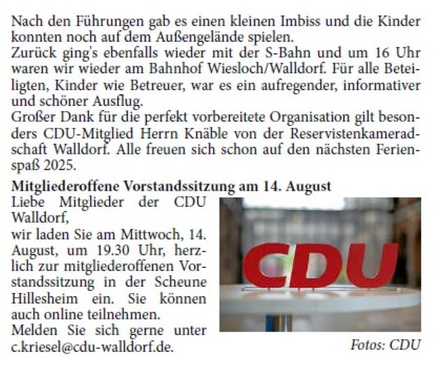 Der CDU-Ortsverband hat am Freitag, 2. August, zusammen mit der Reservistenkameradschaft Walldorf, eine Fahrt zur Anna- Elisabeth Grube in Schriesheim durchgeführt. Los ging die Fahrt am Bahnhof Wiesloch/Walldorf. Dabei waren 44 Kinder im Alter von neun bis zwölf Jahren und fünf Betreuer. Mit der S3 fuhr die Gruppe über den Hauptbahnhof Heidelberg und Umstieg auf die S5 nach Schriesheim. Zu Fuß ging's dann weiter durch Schriesheim – hoch zur Grube Anna- Elisabeth.
