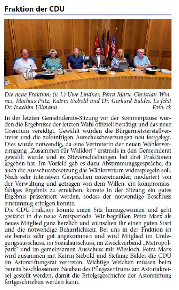 In der letzten Gemeinderats-Sitzung vor der Sommerpause wurden die Ergebnisse der letzten Wahl offiziell bestätigt und das neue Gremium vereidigt. Gewählt wurden die Bürgermeisterstellvertreter und die zukünftigen Ausschussbesetzungen neu festgelegt. Dies wurde notwendig, da eine Vertreterin der neuen Wählervereinigung „Zusammen für Walldorf “ erstmals in den Gemeinderat gewählt wurde und es Sitzverschiebungen bei drei Fraktionen gegeben hat.