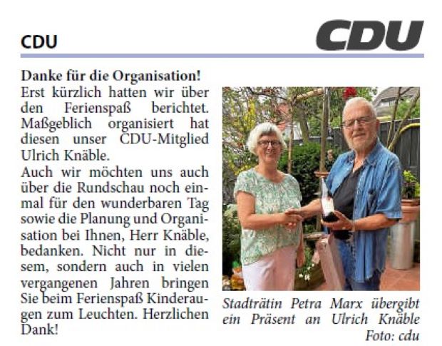 Erst kürzlich hatten wir über den Ferienspaß berichtet. Maßgeblich organisiert hat diesen unser CDU-Mitglied Ulrich Knäble.