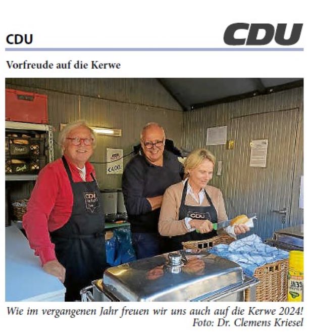 In zwei Wochen ist es wieder so weit – dann ist endlich wieder Walldorfer Straßenkerwe. Und wir von der CDU sind natürlich auch wieder mit dabei. Die Kerwe ist besonders. Nicht nur, weil unsere wunderschöne Stadt ein ganzes Wochenende lang nicht stillsteht, sondern weil die Kerwe auch immer dazu einlädt, mit vielen Menschen in Kontakt zu treten. Wir laden Sie in diesem Sinne herzlich dazu ein, auch an unserem CDU-Stand vorbeizuschauen. Bei uns bekommen Sie neben Bier und Wein auch Aperol Spritz und Hugo. Und für das leibliche Wohl ist ebenfalls gesorgt. Machen Sie es sich unter unserem Pavillon bequem und genießen Sie die Kerwe. Wir freuen uns auf Sie und auf viele spannende Gespräche.