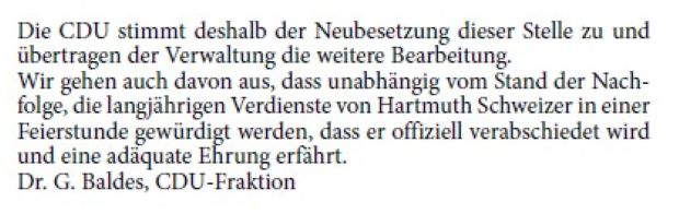 Ausschreibung der Stelle Kunstbeauftragter Hartmuth Schweizer ist in Walldorf eine Institution, war und ist Kunsterzieher, Kunstvermittler, Künstler und eine unerschöpfliche Quelle der Kunsthistorie von der Antike bis zur Neuzeit. Legendär sind seine Reisen zu den Metropolen Europas, zu Museen und Ausstellungen. Auch die Ausstellungen im Rathaus haben unter ihm ein Niveau erreicht, das wohl einmalig für eine Kommune unserer Größenordnung ist.