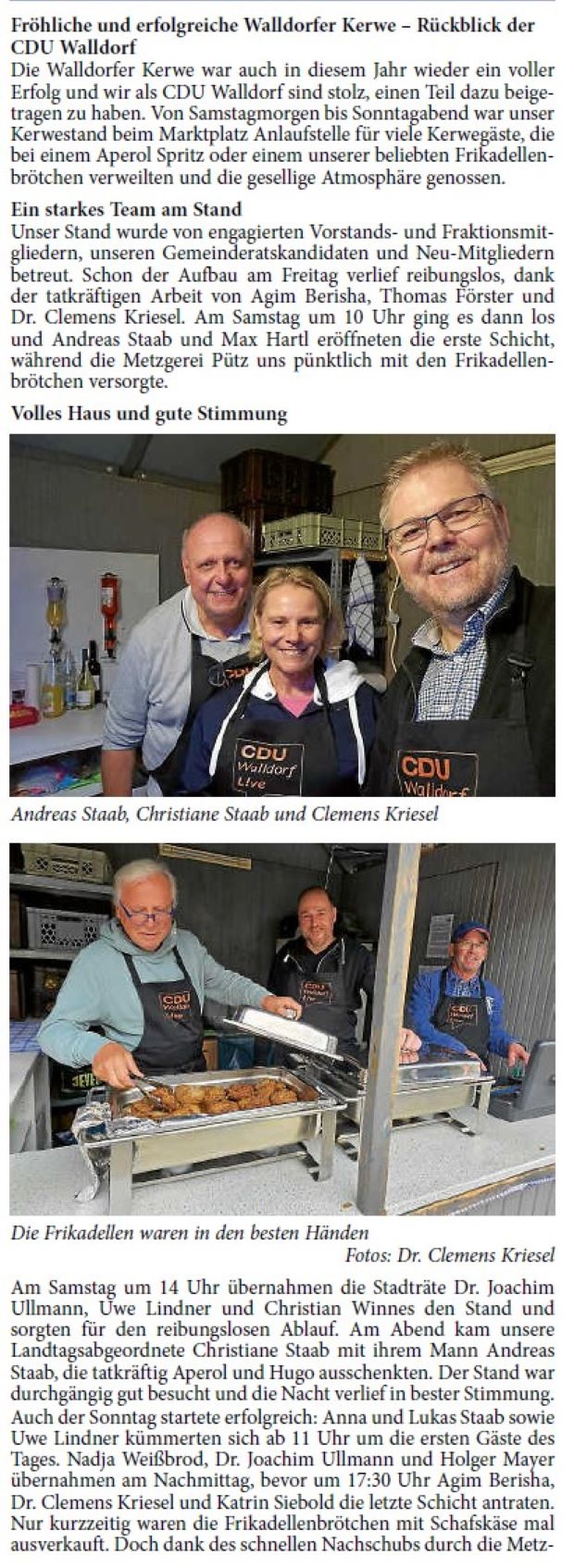 Fröhliche und erfolgreiche Walldorfer Kerwe – Rückblick der CDU Walldorf Die Walldorfer Kerwe war auch in diesem Jahr wieder ein voller Erfolg und wir als CDU Walldorf sind stolz, einen Teil dazu beigetragen zu haben. Von Samstagmorgen bis Sonntagabend war unser Kerwestand beim Marktplatz Anlaufstelle für viele Kerwegäste, die bei einem Aperol Spritz oder einem unserer beliebten Frikadellenbrötchen verweilten und die gesellige Atmosphäre genossen