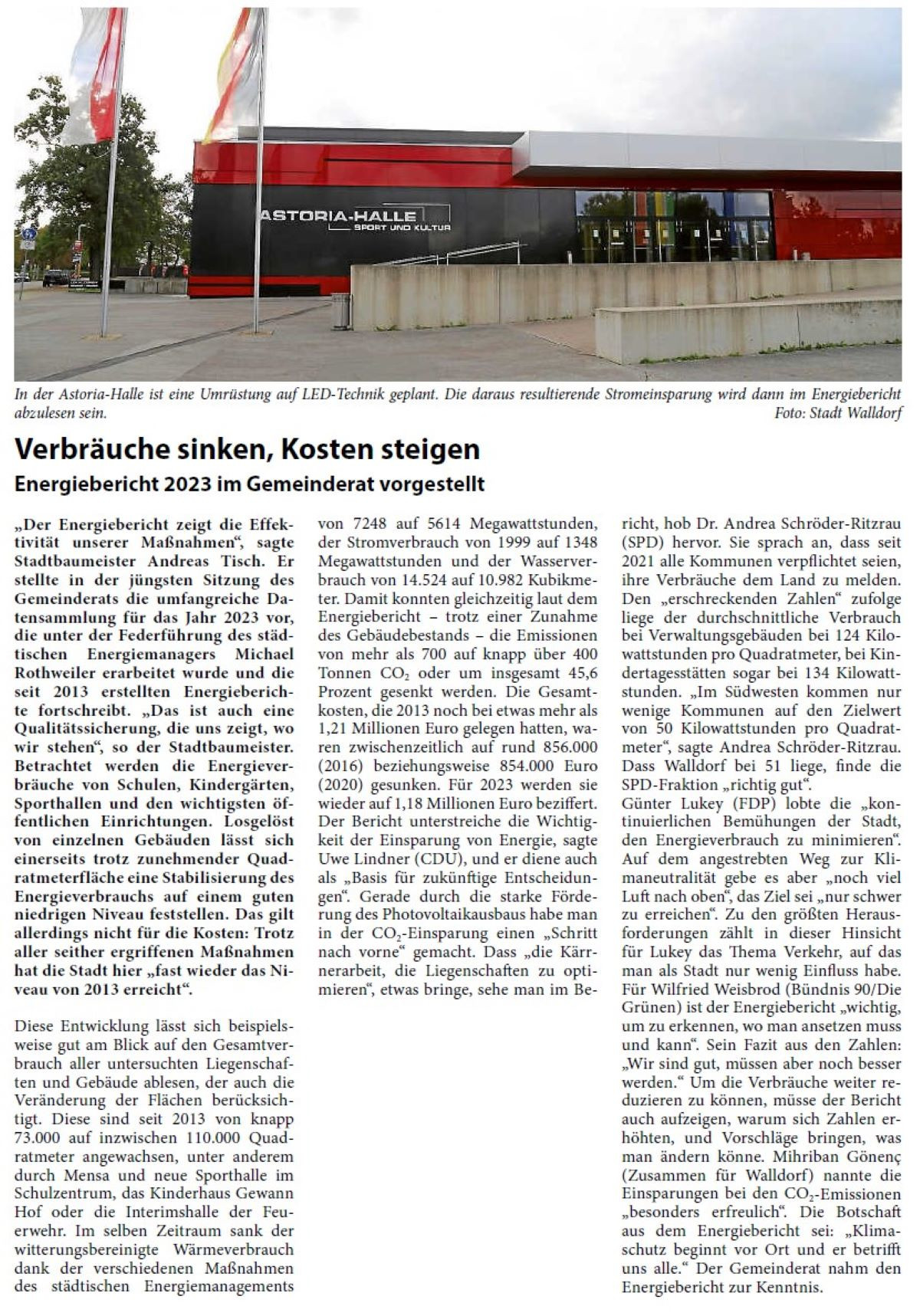 „Der Energiebericht zeigt die Effektivität unserer Maßnahmen“, sagte Stadtbaumeister Andreas Tisch. Er stellte in der jüngsten Sitzung des Gemeinderats die umfangreiche Datensammlung für das Jahr 2023 vor, die unter der Federführung des städtischen Energiemanagers Michael Rothweiler erarbeitet wurde und die seit 2013 erstellten Energieberichte fortschreibt. „Das ist auch eine Qualitätssicherung, die uns zeigt, wo wir stehen“, so der Stadtbaumeister. Betrachtet werden die Energieverbräuche von Schulen, Kindergärten, Sporthallen und den wichtigsten öffentlichen Einrichtungen. Losgelöst von einzelnen Gebäuden lässt sich einerseits trotz zunehmender Quadratmeterfläche eine Stabilisierung des Energieverbrauchs auf einem guten niedrigen Niveau feststellen. Das gilt allerdings nicht für die Kosten: Trotz aller seither ergriffenen Maßnahmen hat die Stadt hier „fast wieder das Niveau von 2013 erreicht“.
