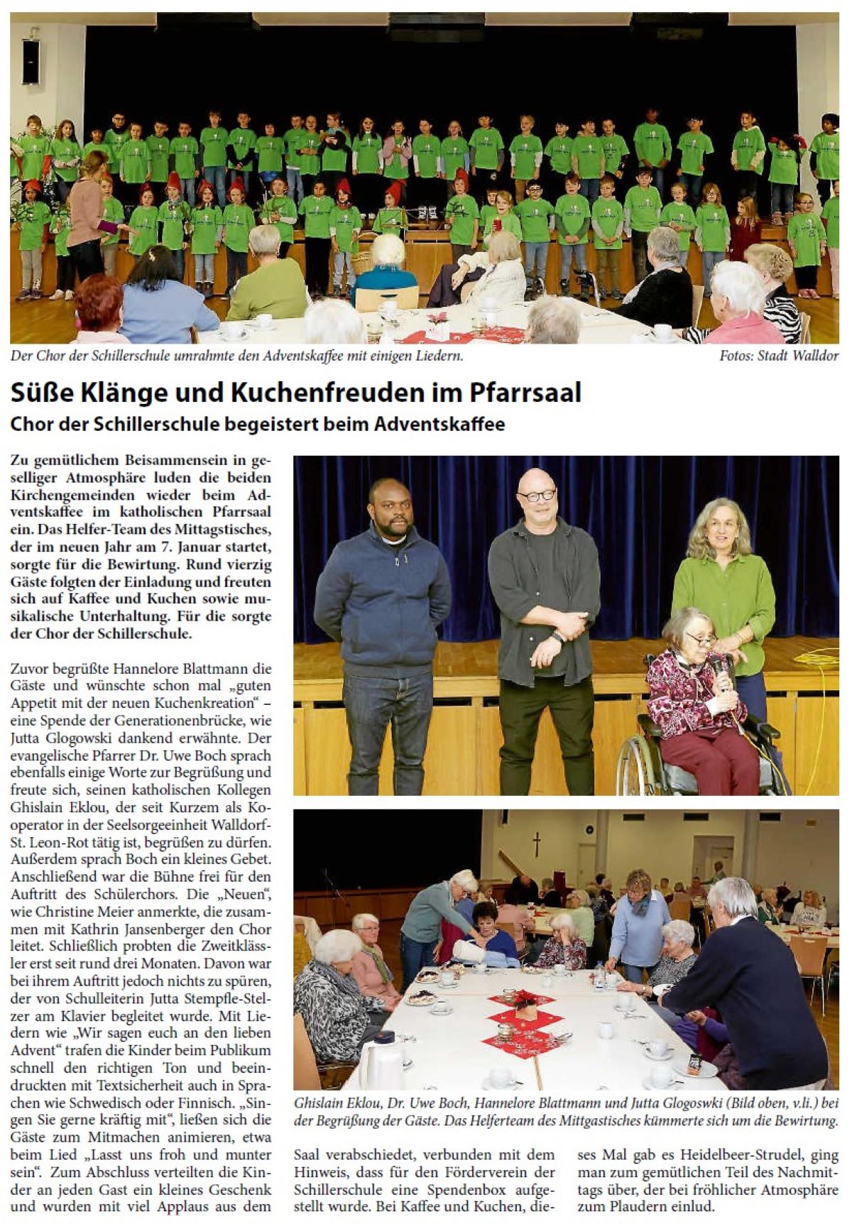 Süße Klänge und Kuchenfreuden im Pfarrsaal Chor der Schillerschule begeistert beim Adventskaffee Zu gemütlichem Beisammensein in geselliger Atmosphäre luden die beiden Kirchengemeinden wieder beim Adventskaffee im katholischen Pfarrsaal ein. Das Helfer-Team des Mittagstisches, der im neuen Jahr am 7. Januar startet, sorgte für die Bewirtung. Rund vierzig Gäste folgten der Einladung und freuten sich auf Kaffee und Kuchen sowie musikalische Unterhaltung. Für die sorgte der Chor der Schillerschule.
