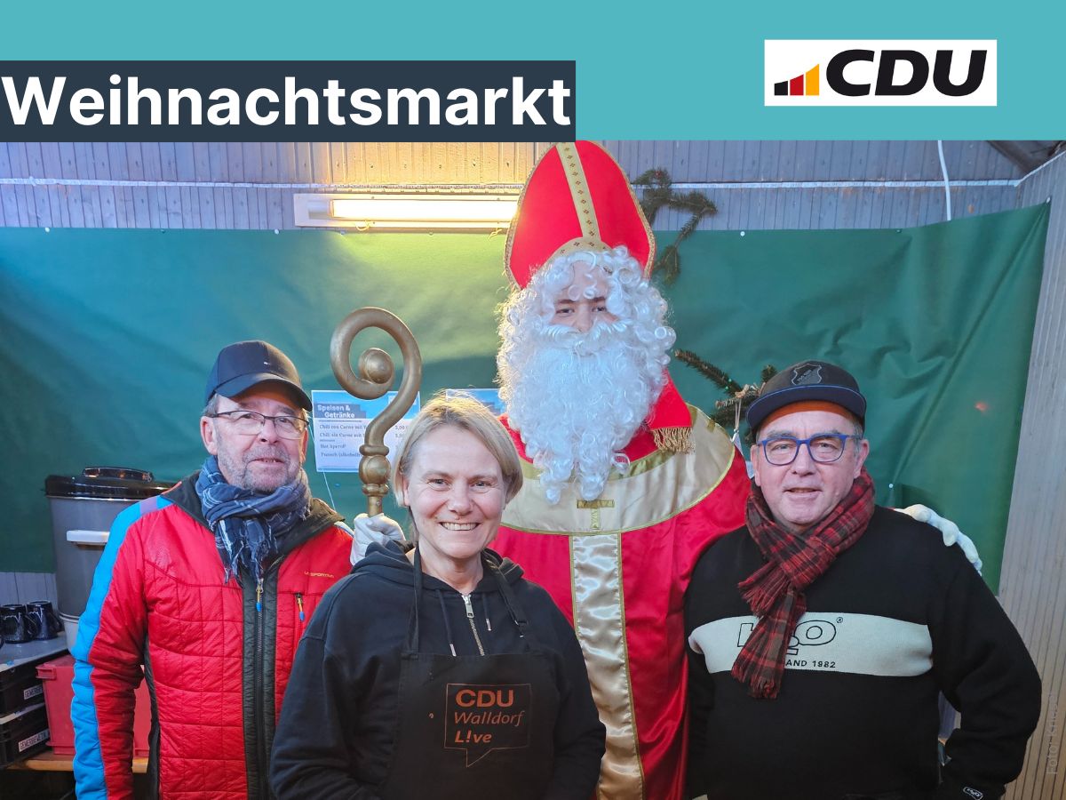 In der Weihnachtsmarkthtte der CDU Walldorf: Uwe Lindner, Christiane Staab, Weihnachtsmann, Michael Schneider