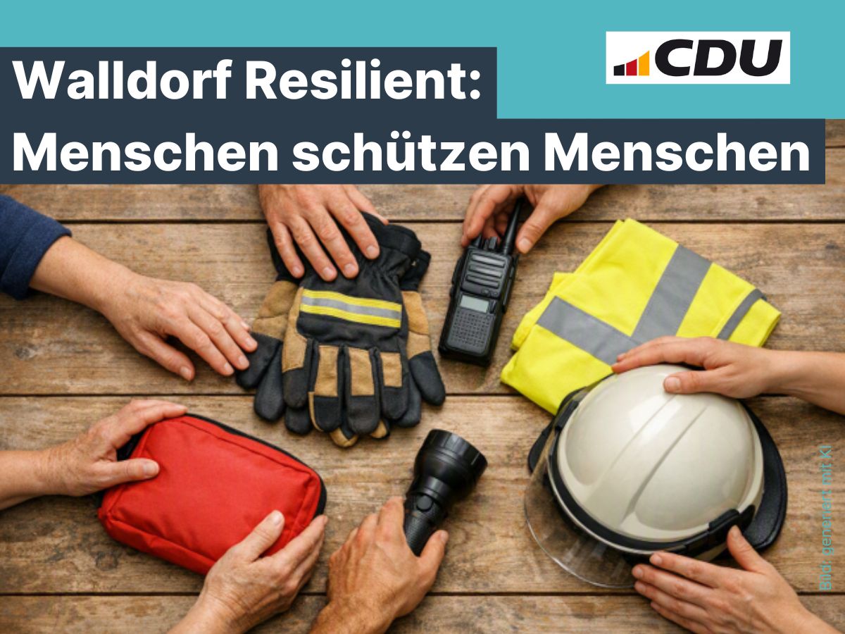 Vier bis sechs Personen legen gemeinsam typische Gegenst�nde auf einen Tisch: Feuerwehrhandschuh, Funkger�t, Verbandstasche, Warnweste, Taschenlampe, Helm. | Bild: KI-generiert