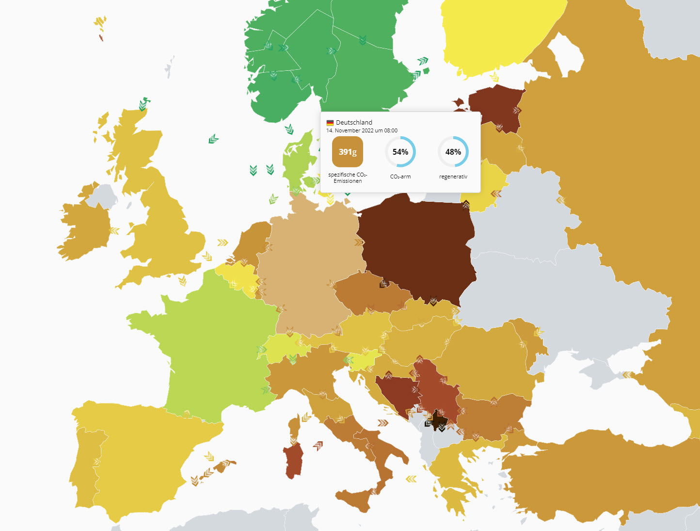 Strommix in Europa | Screenshot von https://app.electricitymaps.com/ am 14.11.22